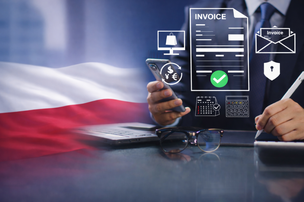 Zakelijke professional die werkt met digitale facturatietools, met de Poolse vlag op de achtergrond, ter illustratie van het Poolse KSeF-e-facturatiesysteem.